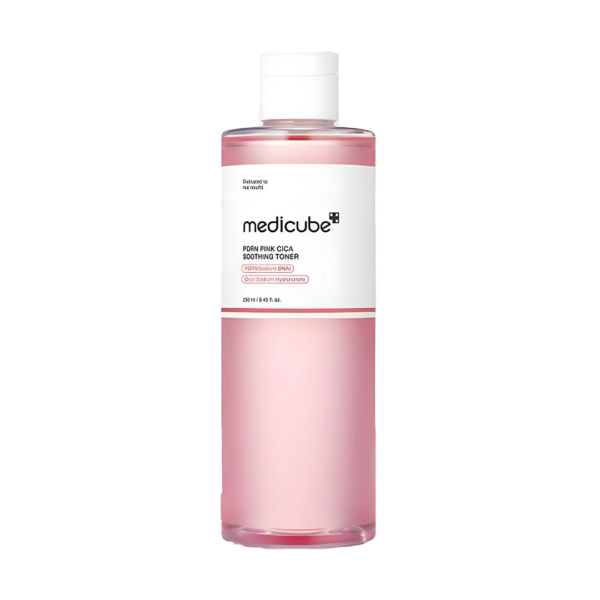 Medicube PDRN PINK CICA Soothing Toner 250ml bottle with pink packaging, designed for sensitive and irritated skin.